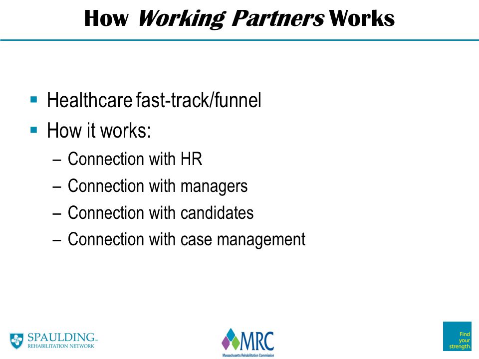 How Working Partners Works  Healthcare fast-track/funnel  How it works: –Connection with HR –Connection with managers –Connection with candidates –Connection with case management