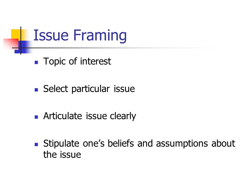 Issue Framing Topic of interest Select particular issue Articulate issue clearly Stipulate one’s beliefs and assumptions about the issue