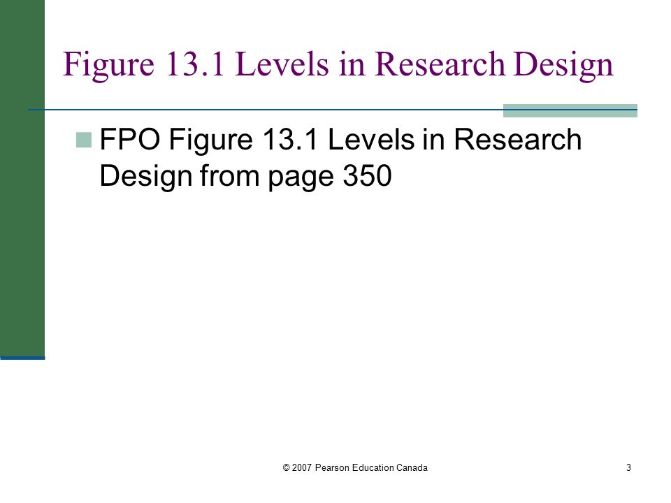3© 2007 Pearson Education Canada Figure 13.1 Levels in Research Design FPO Figure 13.1 Levels in Research Design from page 350