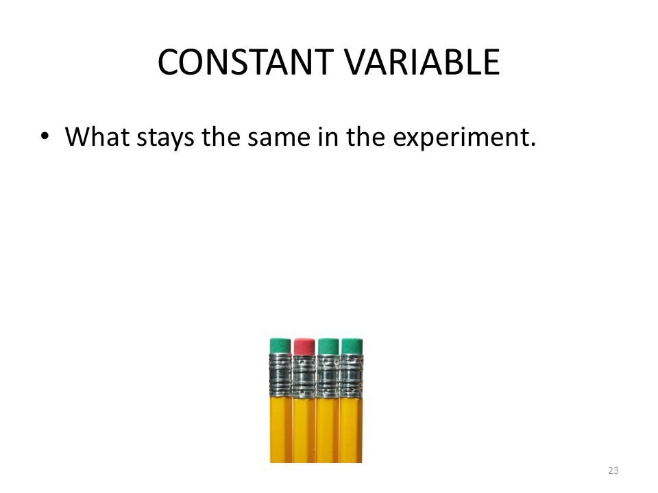 CONSTANT VARIABLE What stays the same in the experiment. 23