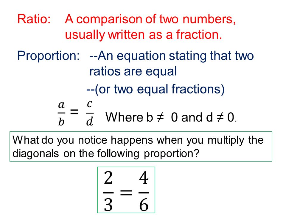 Ratio:A comparison of two numbers, usually written as a fraction.