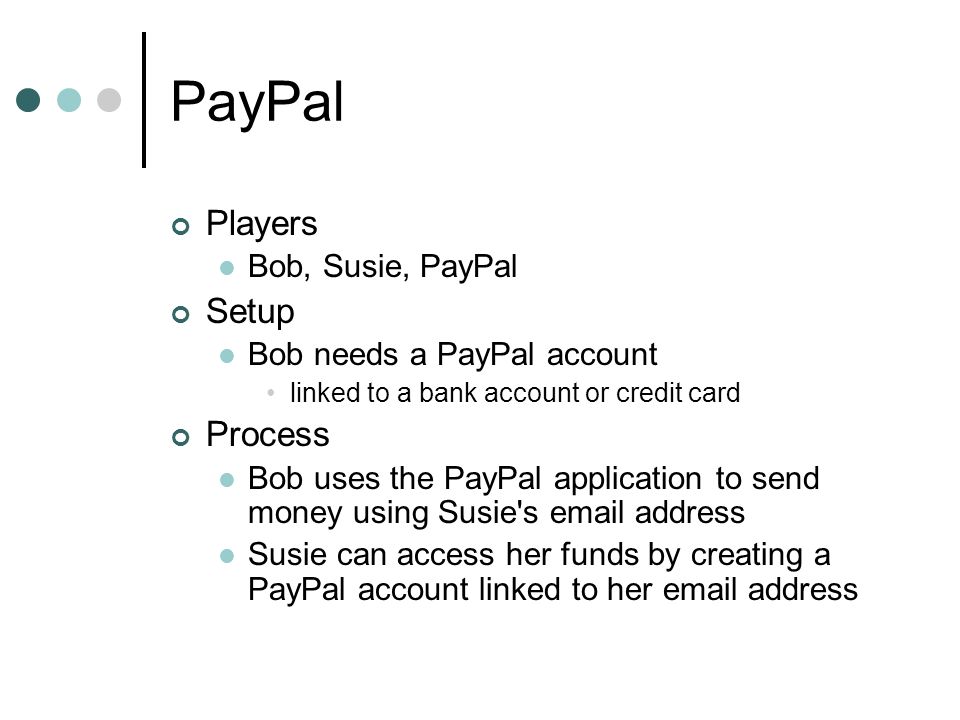 PayPal Players Bob, Susie, PayPal Setup Bob needs a PayPal account linked to a bank account or credit card Process Bob uses the PayPal application to send money using Susie s  address Susie can access her funds by creating a PayPal account linked to her  address