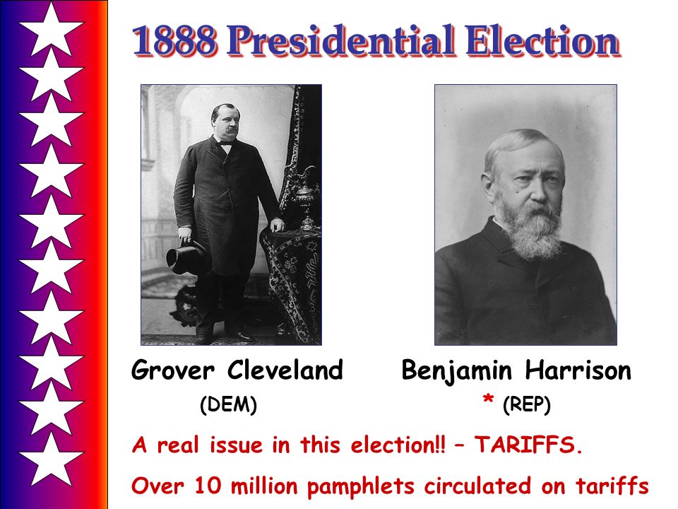 1888 Presidential Election Grover Cleveland Benjamin Harrison (DEM) * (REP) A real issue in this election!.