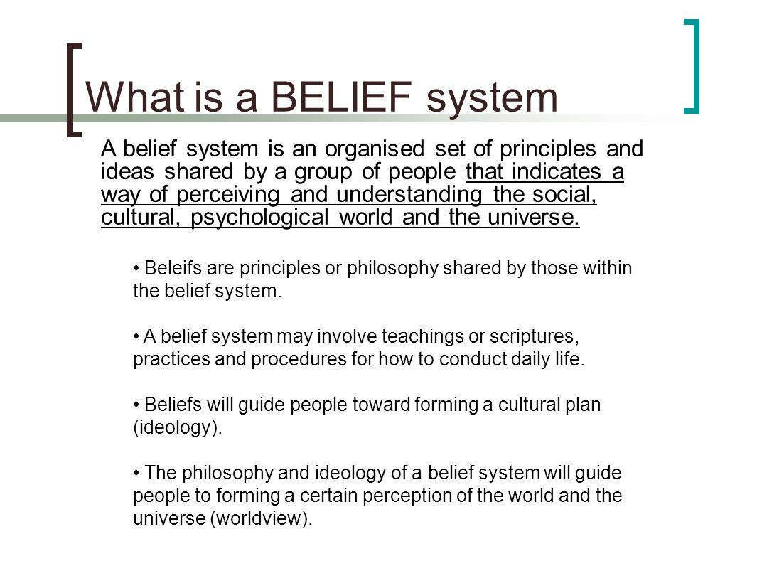 What is a BELIEF system A belief system is an organised set of principles and ideas shared by a group of people that indicates a way of perceiving and understanding the social, cultural, psychological world and the universe.