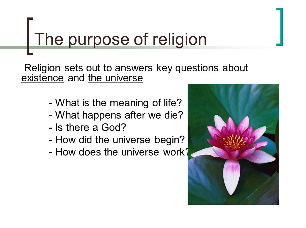 The purpose of religion Religion sets out to answers key questions about existence and the universe - What is the meaning of life.