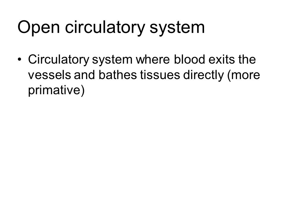 Open circulatory system Circulatory system where blood exits the vessels and bathes tissues directly (more primative)