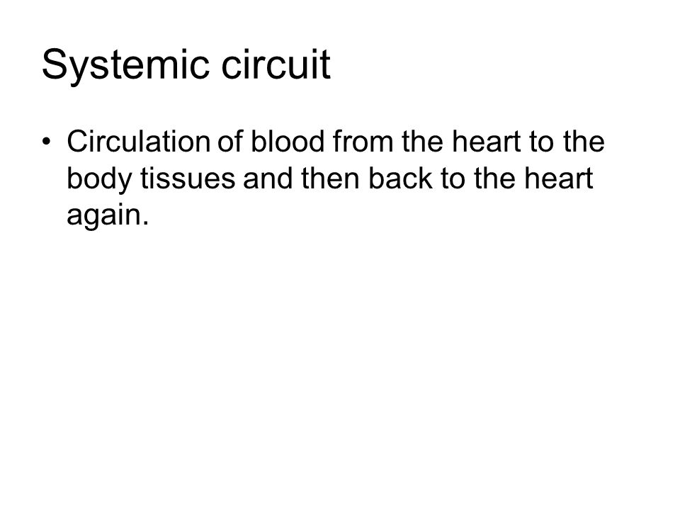 Systemic circuit Circulation of blood from the heart to the body tissues and then back to the heart again.