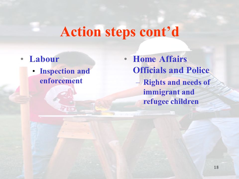 18 Action steps cont’d Labour Inspection and enforcement Home Affairs Officials and Police –Rights and needs of immigrant and refugee children