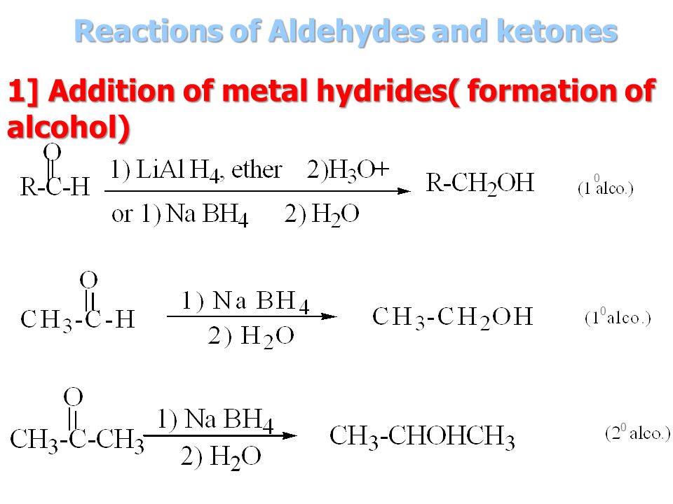 Reactions of Aldehydes and ketones 1] Addition of metal hydrides( formation of alcohol) 0 0 0