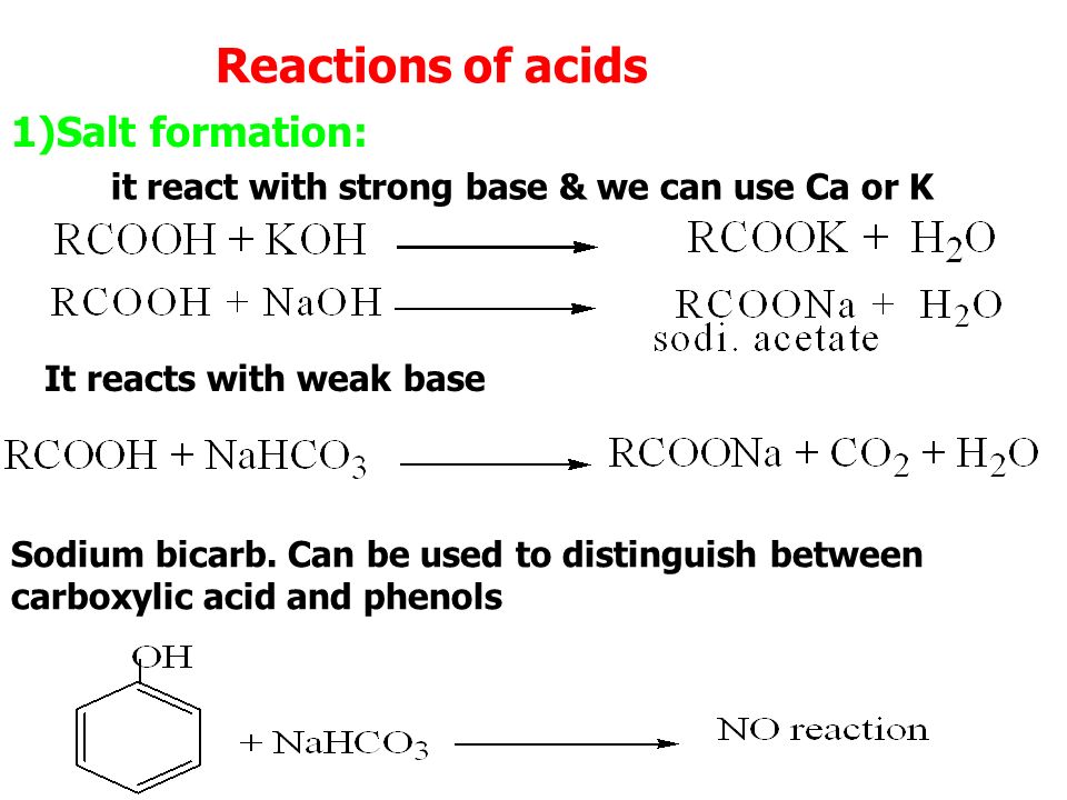 Reactions of acids 1)Salt formation: it react with strong base & we can use Ca or K It reacts with weak base Sodium bicarb.
