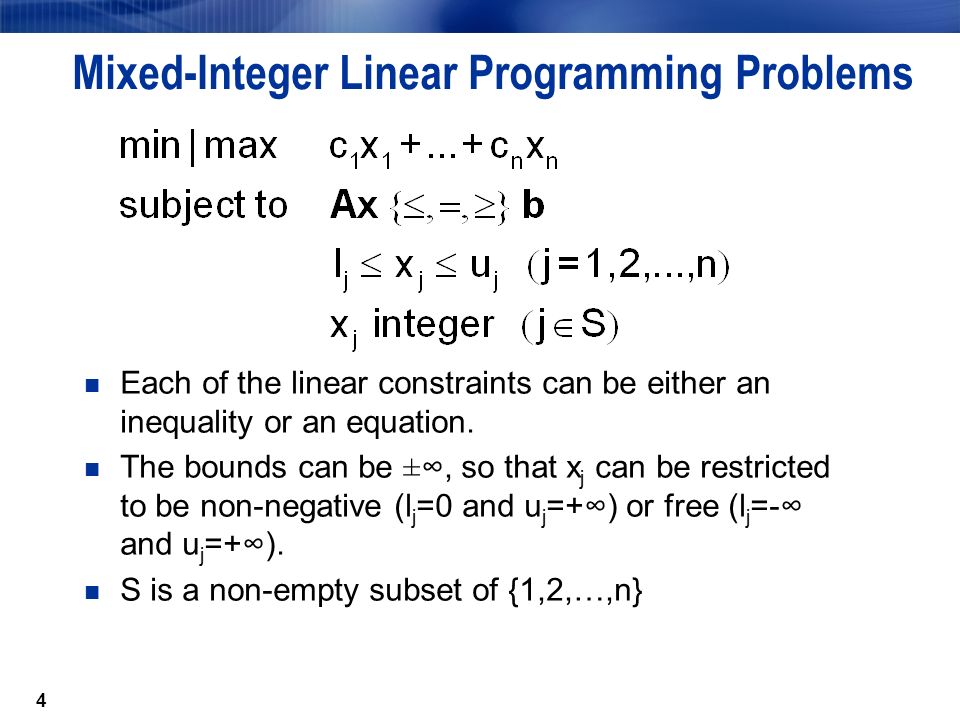 værdighed målbar snap 1 Chapter 4: Integer and Mixed-Integer Linear Programming Problems 4.1  Introduction to Integer and Mixed-Integer Linear Programming 4.2 Solving  Integer. - ppt download