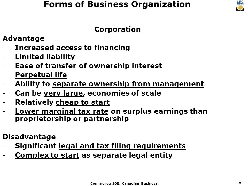 commerce 100 canadian business 1 forms of business organization form of organization