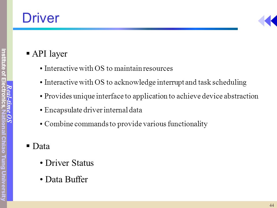 Institute of Electronics, National Chiao Tung University Real-time OS 44 Driver  API layer Interactive with OS to maintain resources Interactive with OS to acknowledge interrupt and task scheduling Provides unique interface to application to achieve device abstraction Encapsulate driver internal data Combine commands to provide various functionality  Data Driver Status Data Buffer