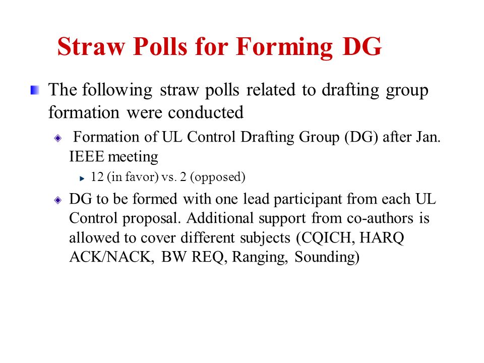 Straw Polls for Forming DG The following straw polls related to drafting group formation were conducted Formation of UL Control Drafting Group (DG) after Jan.