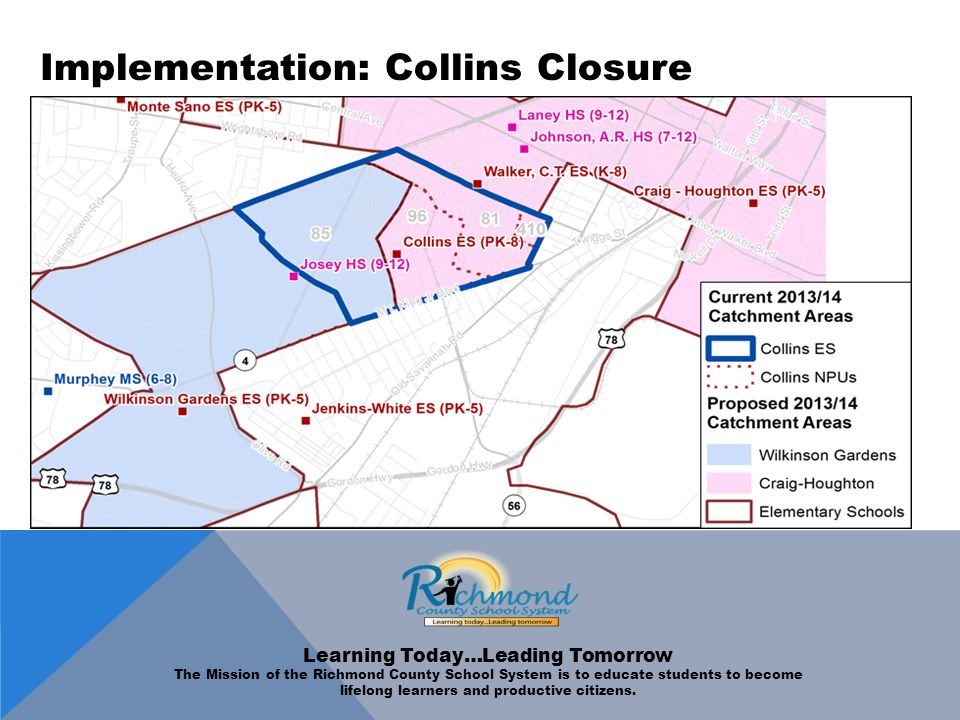 Implementation: Collins Closure Learning Today…Leading Tomorrow The Mission of the Richmond County School System is to educate students to become lifelong learners and productive citizens.