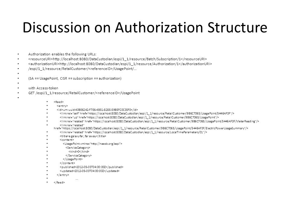 Discussion on Authorization Structure Authorization enables the following URLs:     /espi/1_1/resource/RetailCustomer/ /UsagePoint/...
