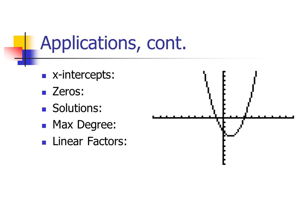 Applications, cont. x-intercepts: Zeros: Solutions: Max Degree: Linear Factors: