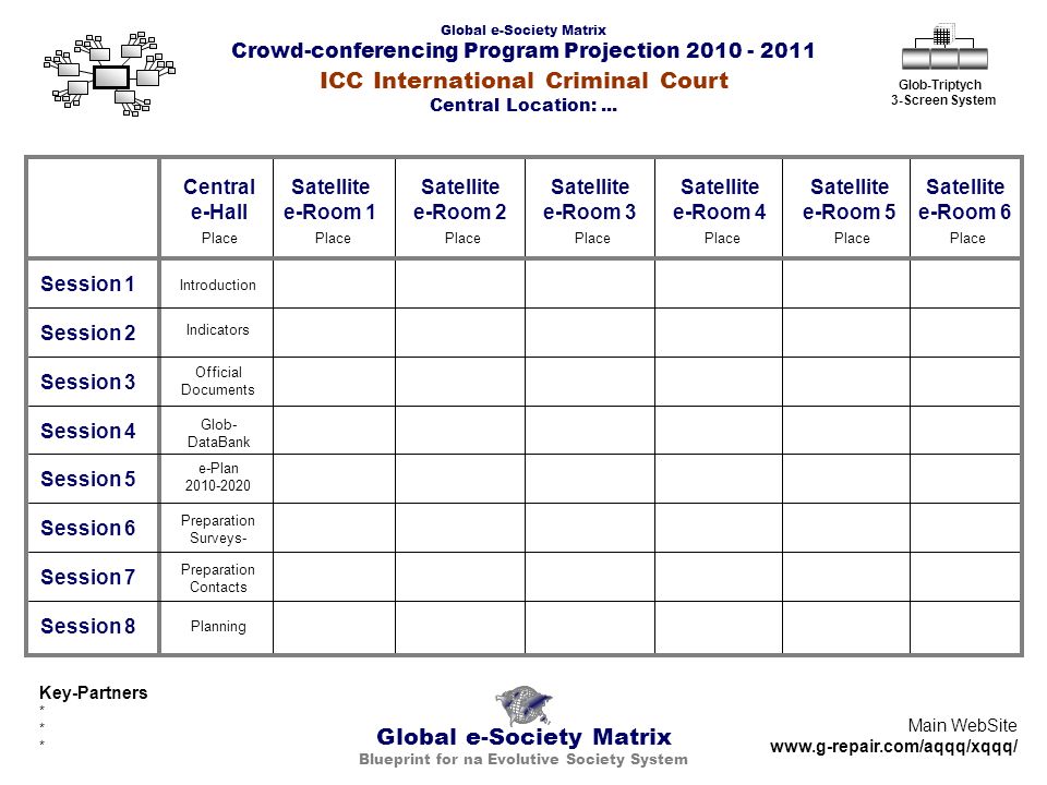 Global e-Society Matrix Crowd-conferencing Program Projection Global e-Society Matrix Blueprint for na Evolutive Society System Glob-Triptych 3-Screen System Central e-Hall Place Session 1 Session 2 Session 3 Session 4 Session 5 Session 6 Session 7 Session 8 Satellite e-Room 1 Place Satellite e-Room 2 Place Satellite e-Room 3 Place Satellite e-Room 4 Place Satellite e-Room 5 Place Satellite e-Room 6 Place Key-Partners * Main WebSite   Introduction Indicators Official Documents Glob- DataBank Preparation Surveys- Preparation Contacts e-Plan Planning ICC International Criminal Court Central Location:...