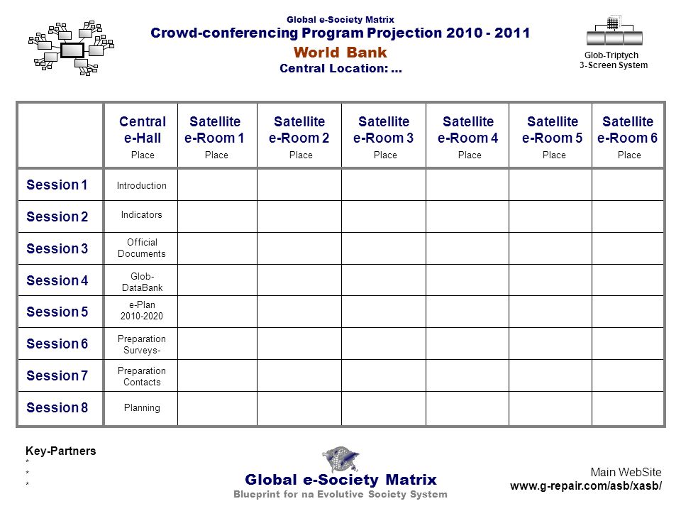 Global e-Society Matrix Crowd-conferencing Program Projection Global e-Society Matrix Blueprint for na Evolutive Society System Glob-Triptych 3-Screen System Central e-Hall Place Session 1 Session 2 Session 3 Session 4 Session 5 Session 6 Session 7 Session 8 Satellite e-Room 1 Place Satellite e-Room 2 Place Satellite e-Room 3 Place Satellite e-Room 4 Place Satellite e-Room 5 Place Satellite e-Room 6 Place Key-Partners * Main WebSite   Introduction Indicators Official Documents Glob- DataBank Preparation Surveys- Preparation Contacts e-Plan Planning World Bank Central Location: …