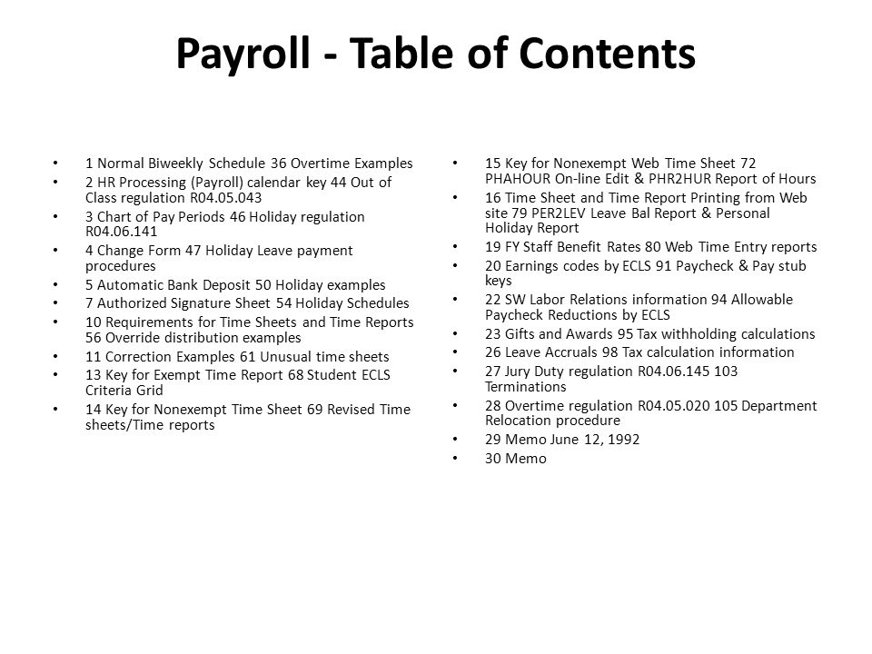 payroll payroll table of contents 1 normal biweekly schedule 36