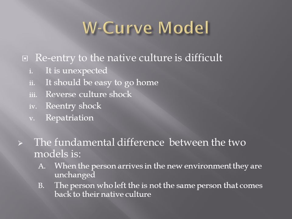  Re-entry to the native culture is difficult i. It is unexpected ii.