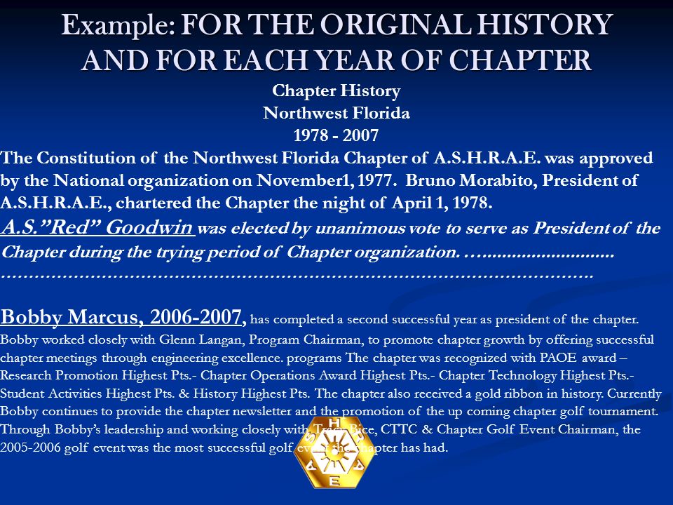 Example: FOR THE ORIGINAL HISTORY AND FOR EACH YEAR OF CHAPTER Chapter History Northwest Florida The Constitution of the Northwest Florida Chapter of A.S.H.R.A.E.