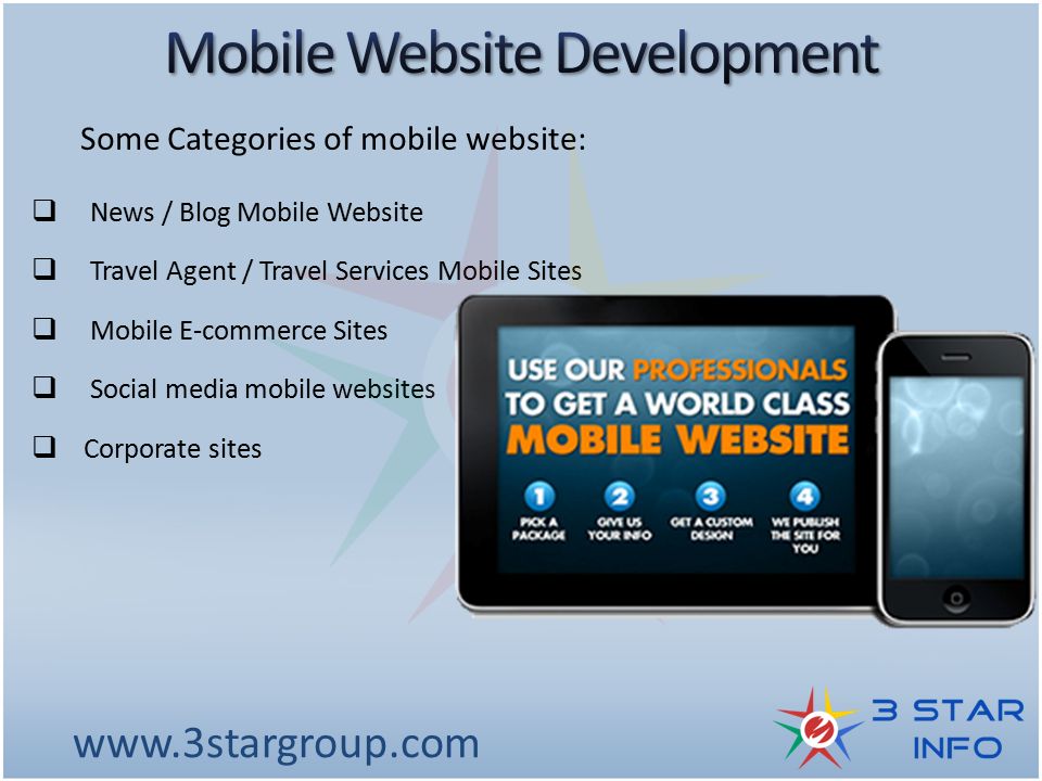  News / Blog Mobile Website  Travel Agent / Travel Services Mobile Sites  Mobile E-commerce Sites  Social media mobile websites  Corporate sites   Some Categories of mobile website: