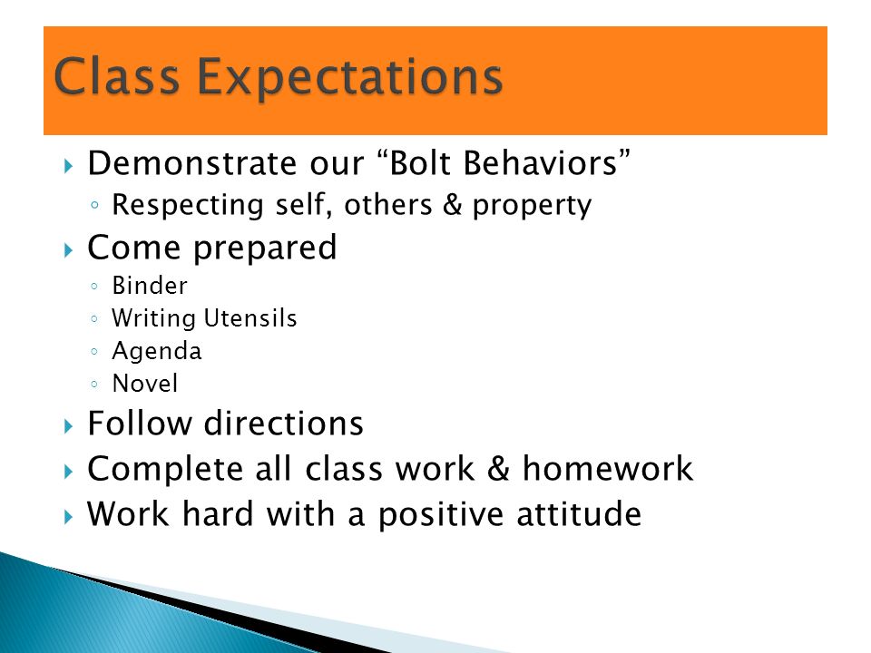  Demonstrate our Bolt Behaviors ◦ Respecting self, others & property  Come prepared ◦ Binder ◦ Writing Utensils ◦ Agenda ◦ Novel  Follow directions  Complete all class work & homework  Work hard with a positive attitude
