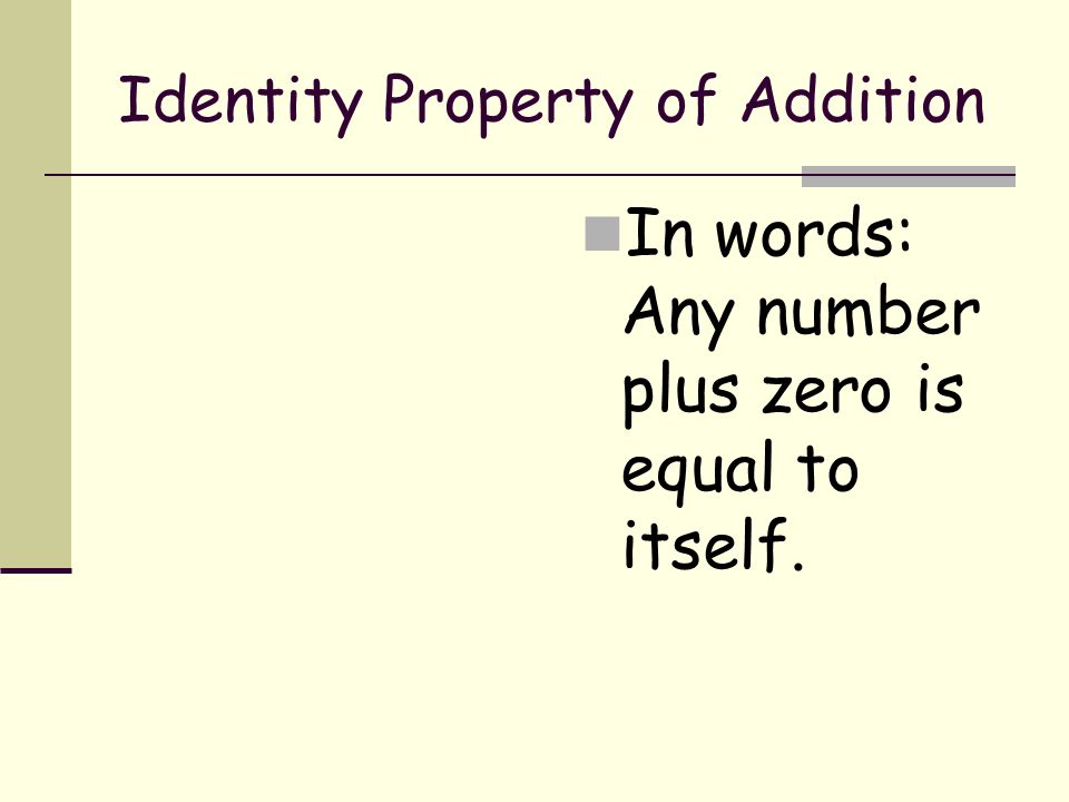 Identity Property of Addition In words: Any number plus zero is equal to itself.