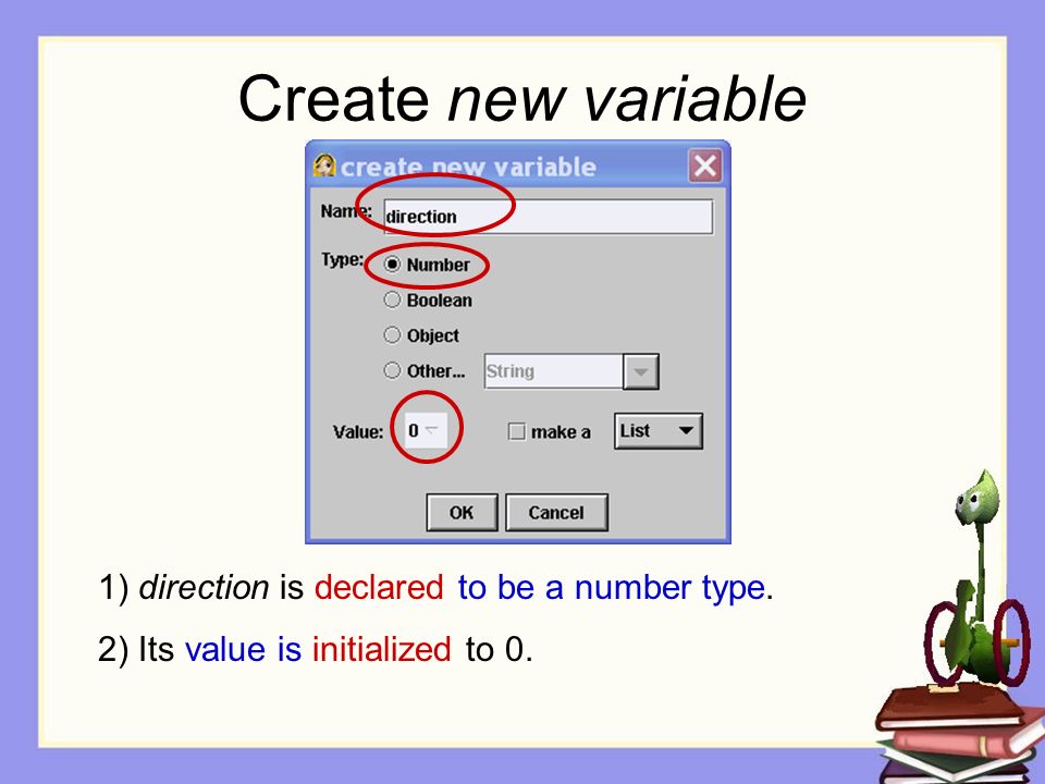 Create new variable 1) direction is declared to be a number type. 2) Its value is initialized to 0.