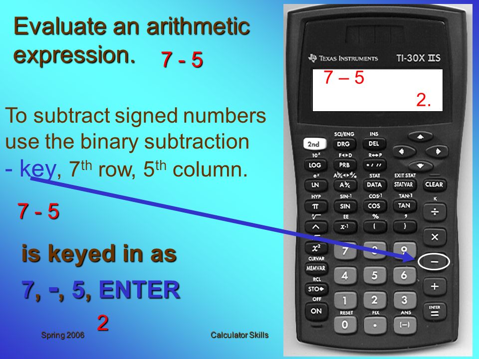 Spring 2006Calculator Skills1 TI 30X IIS Calculator Skills Objective: To  learn how to use the calculator for arithmetic operations. - ppt download