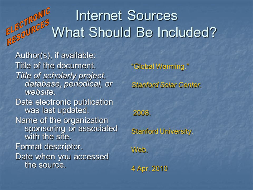 Internet Sources What Should Be Included. Internet Sources What Should Be Included.