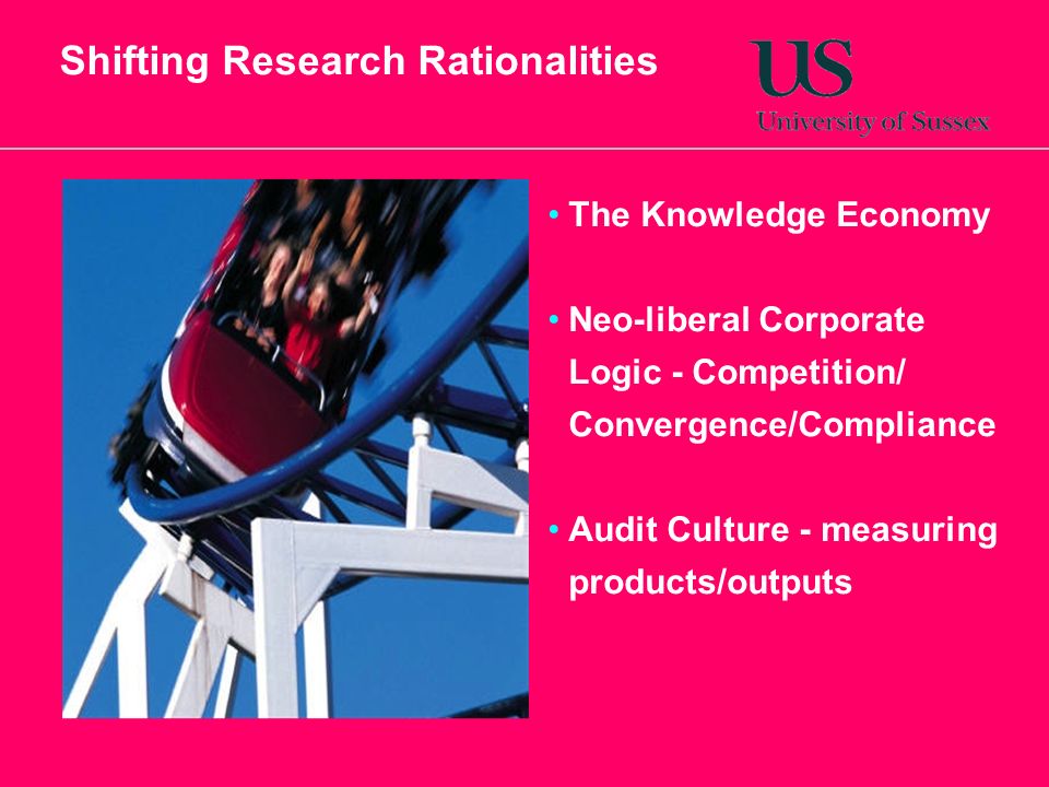 Shifting Research Rationalities The Knowledge Economy Neo-liberal Corporate Logic - Competition/ Convergence/Compliance Audit Culture - measuring products/outputs 28 October, October, October, 2015