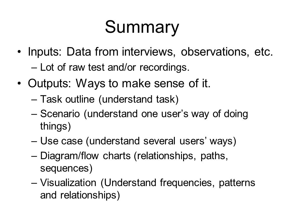 Summary Inputs: Data from interviews, observations, etc.