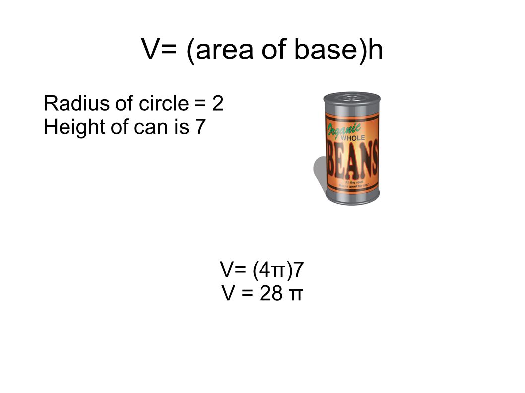 V= (area of base)h V= (4π)7 V = 28 π Radius of circle = 2 Height of can is 7