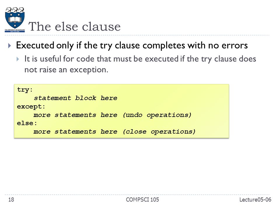 The else clause  Executed only if the try clause completes with no errors  It is useful for code that must be executed if the try clause does not raise an exception.