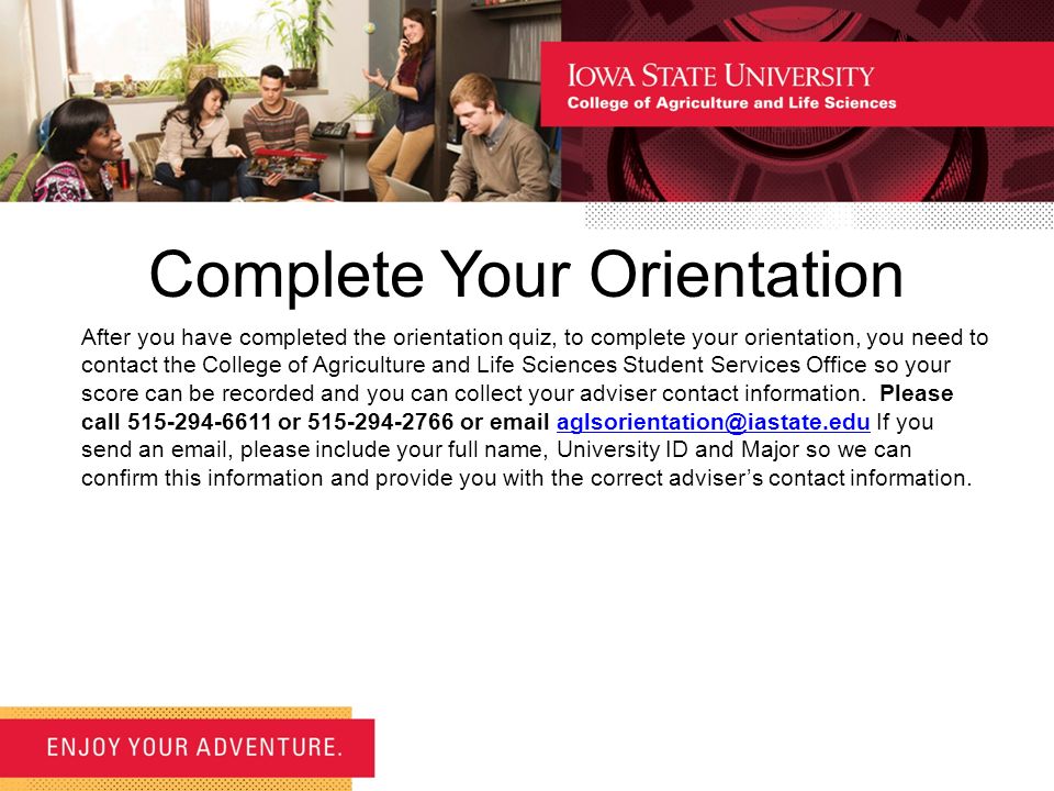 Complete Your Orientation After you have completed the orientation quiz, to complete your orientation, you need to contact the College of Agriculture and Life Sciences Student Services Office so your score can be recorded and you can collect your adviser contact information.
