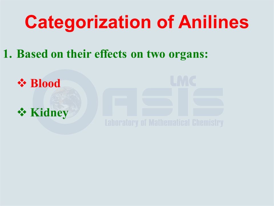 Categorization of Anilines 1.Based on their effects on two organs:  Blood  Kidney