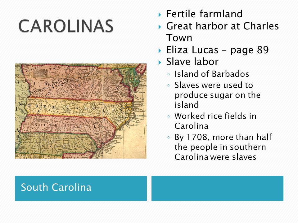South Carolina  Fertile farmland  Great harbor at Charles Town  Eliza Lucas – page 89  Slave labor ◦ Island of Barbados ◦ Slaves were used to produce sugar on the island ◦ Worked rice fields in Carolina ◦ By 1708, more than half the people in southern Carolina were slaves