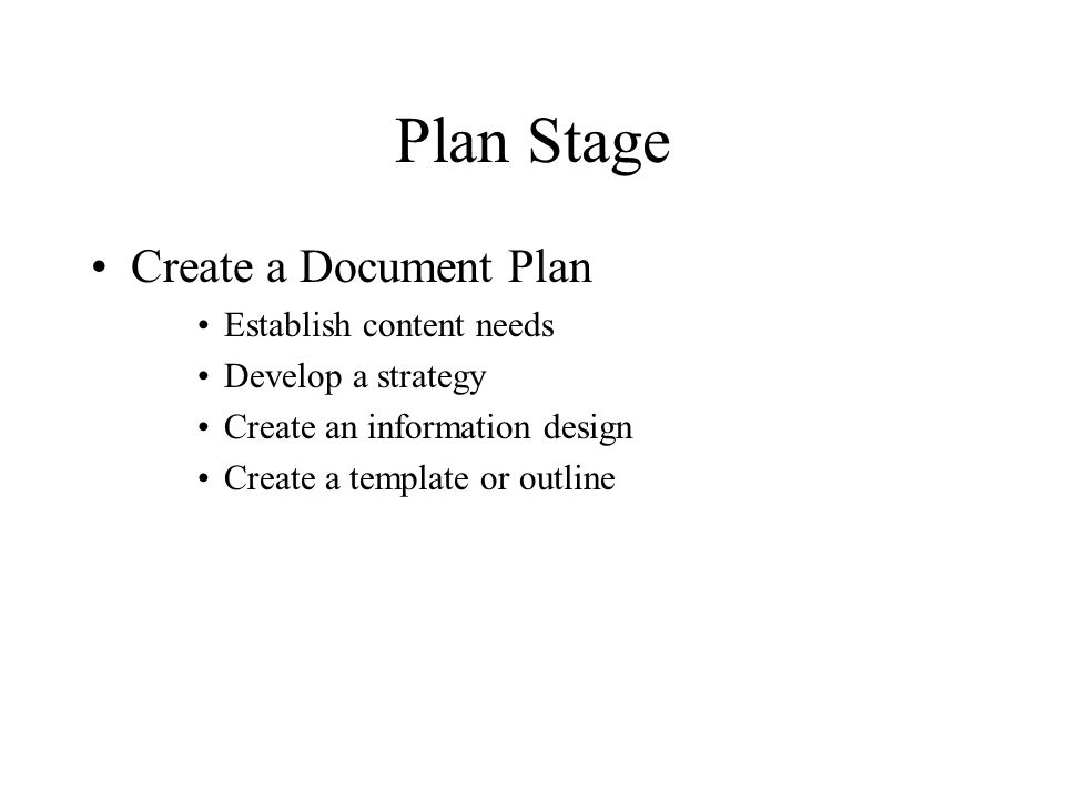Plan Stage Create a Document Plan Establish content needs Develop a strategy Create an information design Create a template or outline
