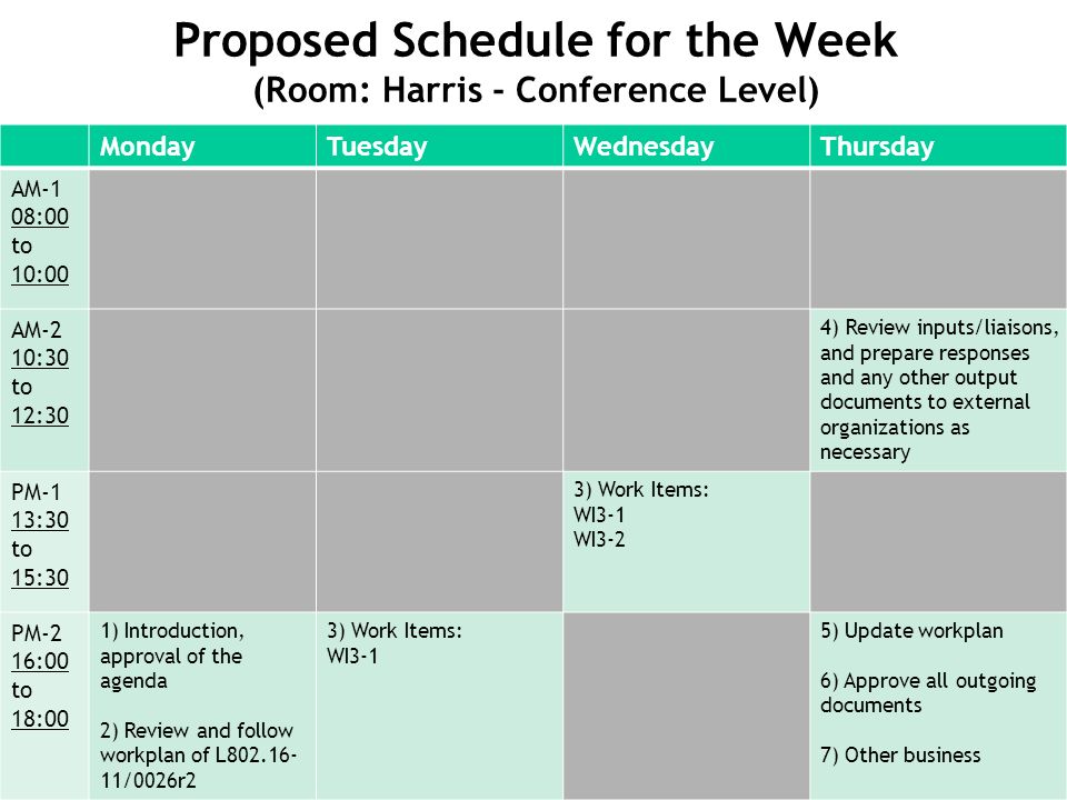 Proposed Schedule for the Week (Room: Harris - Conference Level) MondayTuesdayWednesdayThursday AM-1 08:00 to 10:00 AM-2 10:30 to 12:30 4) Review inputs/liaisons, and prepare responses and any other output documents to external organizations as necessary PM-1 13:30 to 15:30 3) Work Items: WI3-1 WI3-2 PM-2 16:00 to 18:00 1) Introduction, approval of the agenda 2) Review and follow workplan of L /0026r2 3) Work Items: WI3-1 5) Update workplan 6) Approve all outgoing documents 7) Other business