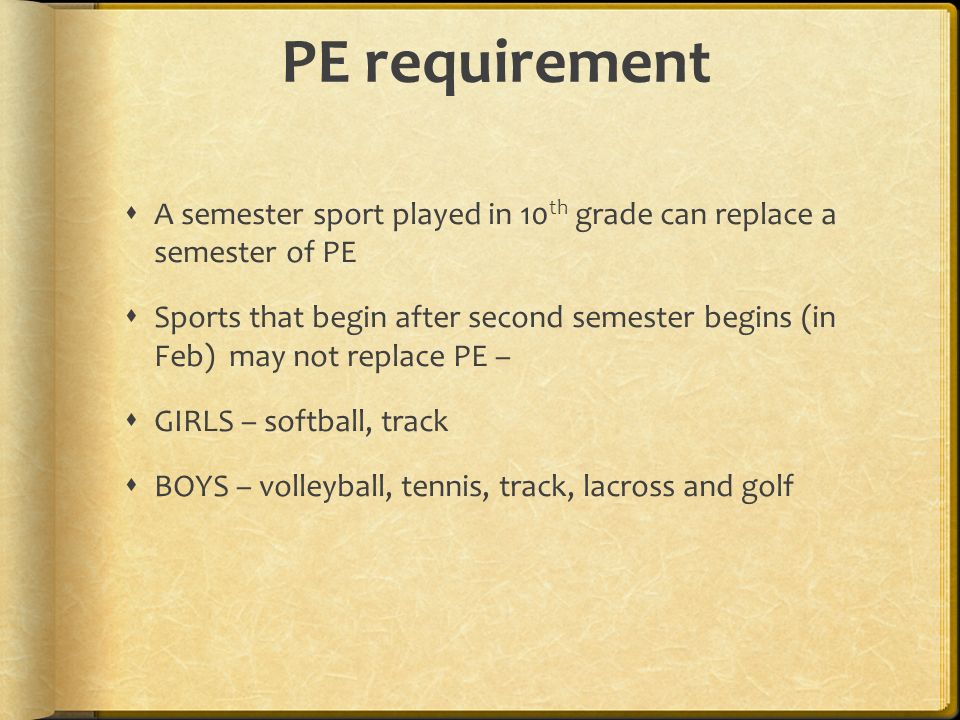 PE requirement  A semester sport played in 10 th grade can replace a semester of PE  Sports that begin after second semester begins (in Feb) may not replace PE –  GIRLS – softball, track  BOYS – volleyball, tennis, track, lacross and golf