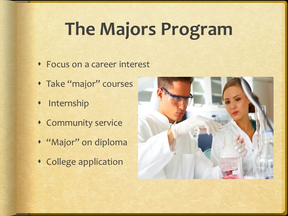 The Majors Program  Focus on a career interest  Take major courses  Internship  Community service  Major on diploma  College application