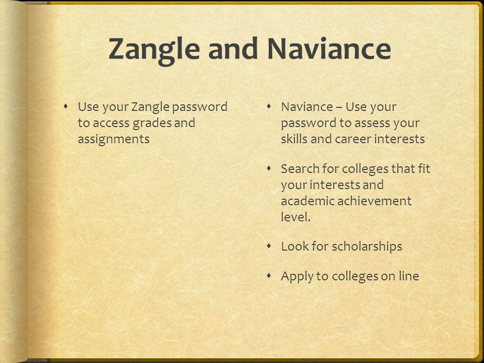 Zangle and Naviance  Use your Zangle password to access grades and assignments  Naviance – Use your password to assess your skills and career interests  Search for colleges that fit your interests and academic achievement level.