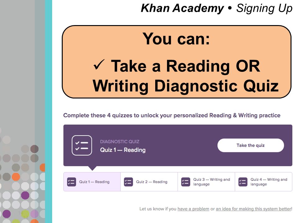 Khan Academy  Signing Up 14 You can: Take a Reading OR Writing Diagnostic Quiz