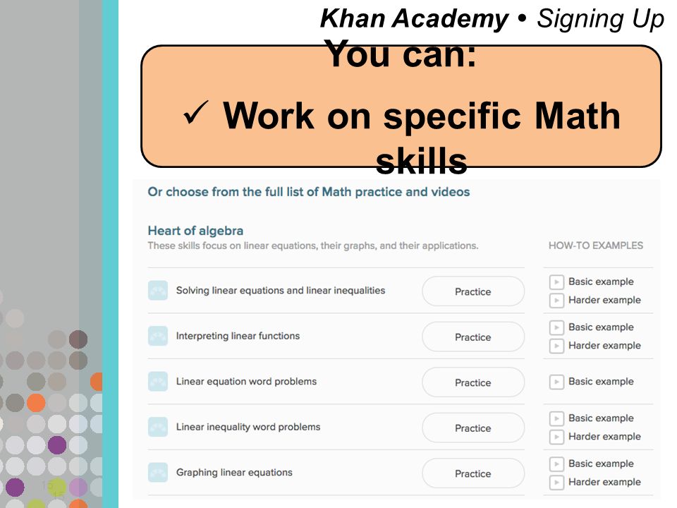Khan Academy  Signing Up 15 You can: Work on specific Math skills