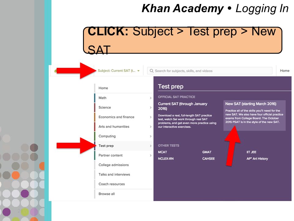 Khan Academy  Logging In 21 CLICK: Subject > Test prep > New SAT