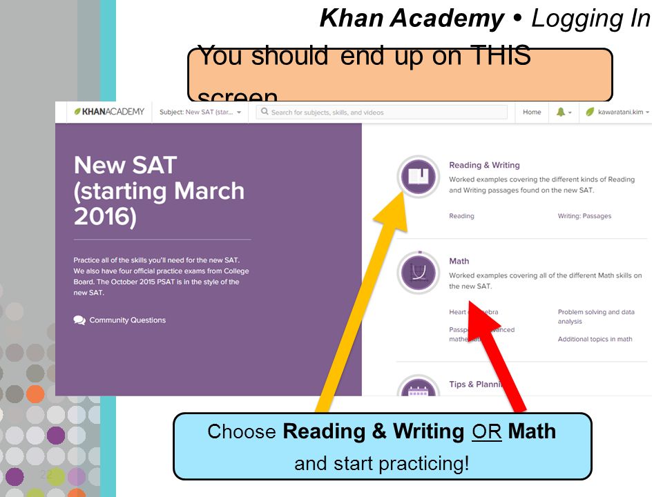 Khan Academy  Logging In 22 You should end up on THIS screen.