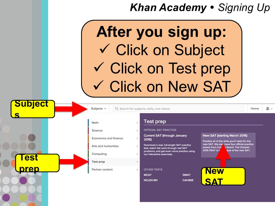 Khan Academy  Signing Up 7 7 After you sign up: Click on Subject Click on Test prep Click on New SAT Subject s Test prep New SAT