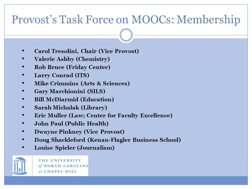 Provost’s Task Force on MOOCs: Membership Carol Tresolini, Chair (Vice Provost) Valerie Ashby (Chemistry) Rob Bruce (Friday Center) Larry Conrad (ITS) Mike Crimmins (Arts & Sciences) Gary Marchionini (SILS) Bill McDiarmid (Education) Sarah Michalak (Library) Eric Muller (Law; Center for Faculty Excellence) John Paul (Public Health) Dwayne Pinkney (Vice Provost) Doug Shackleford (Kenan-Flagler Business School) Louise Spieler (Journalism)